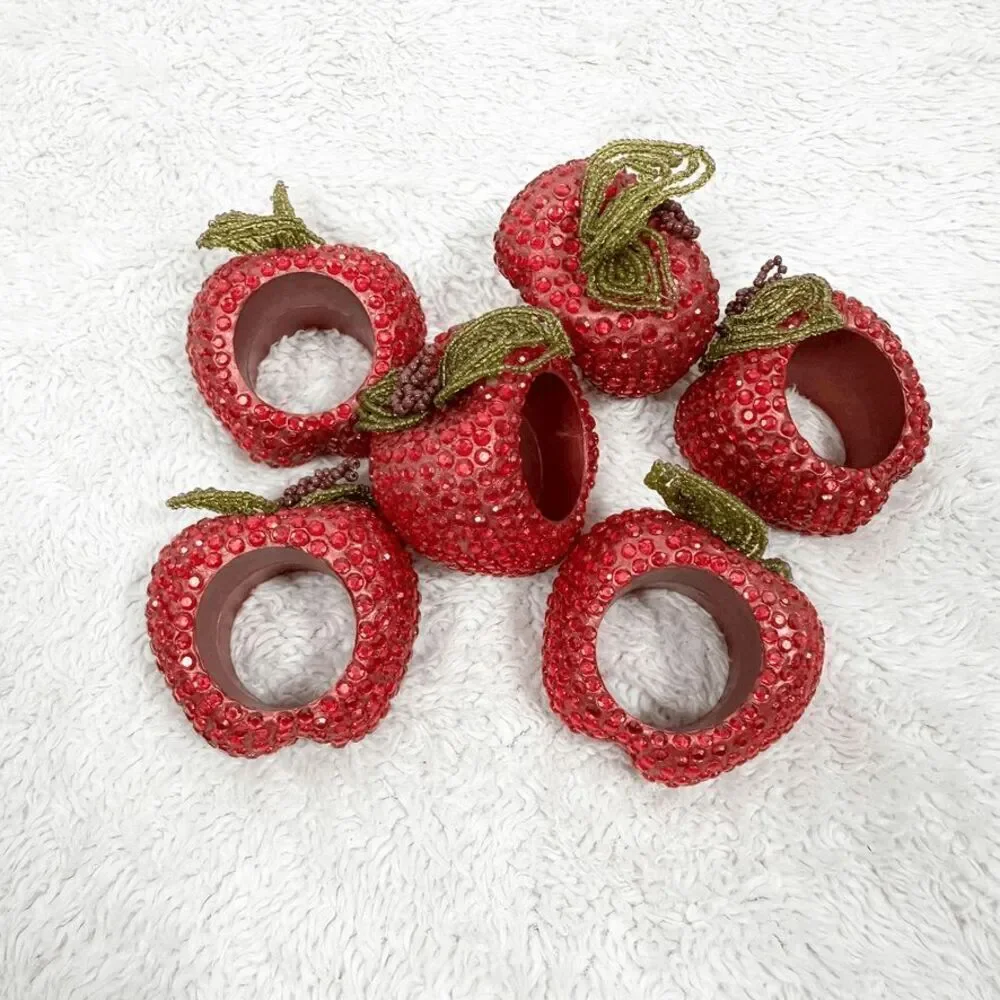 Set of 6 Bejeweled Apple Napkin Rings Kitchen Table Decor Beaded Summer Fall